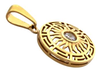 Elegancka złota zawieszka damska z ażurowym wzorem i cyrkonią. Okrągły wisiorek z modnym motywem greckim, idealny na prezent. Żółte złoto.2.jpg